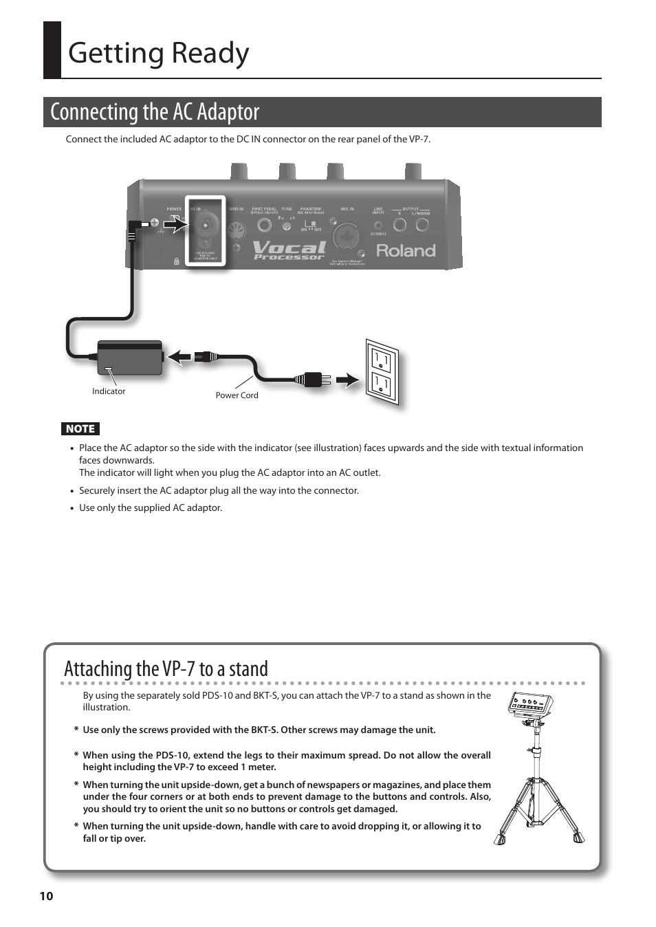 Getting ready, Connecting the ac adaptor, Attaching the vp-7 to a stand | Roland VP-7 User Manual | Page 10 / 40