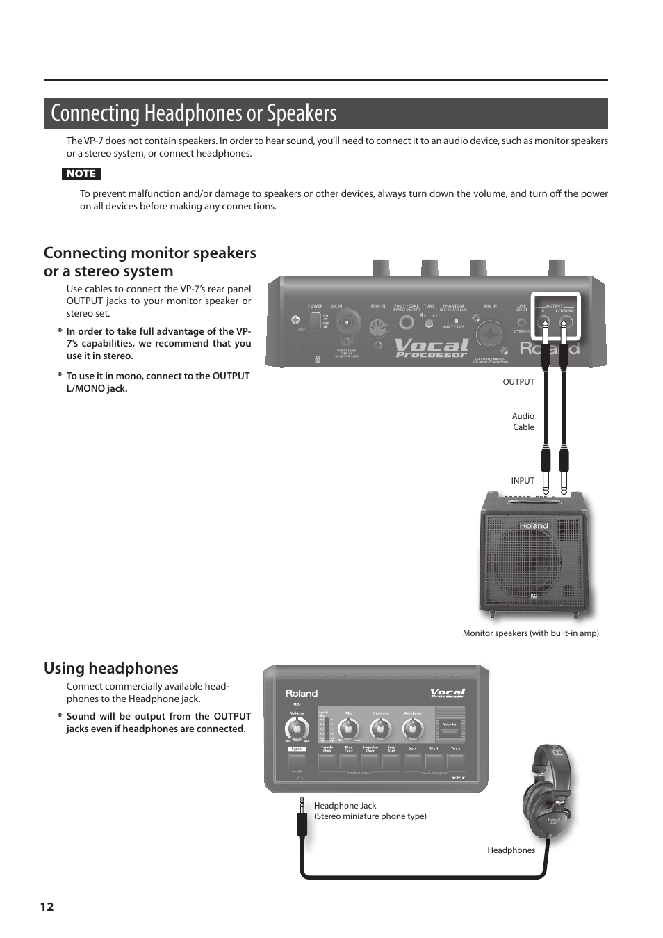 Connecting headphones or speakers, Connecting monitor speakers or a stereo system, Using headphones | Roland VP-7 User Manual | Page 12 / 40