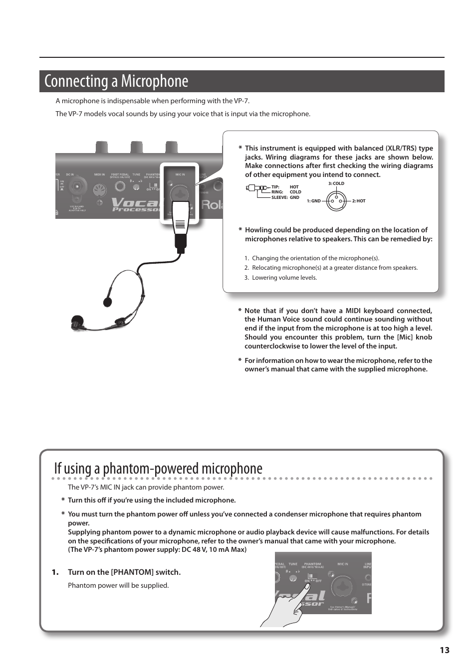 Connecting a microphone, If using a phantom-powered microphone | Roland VP-7 User Manual | Page 13 / 40