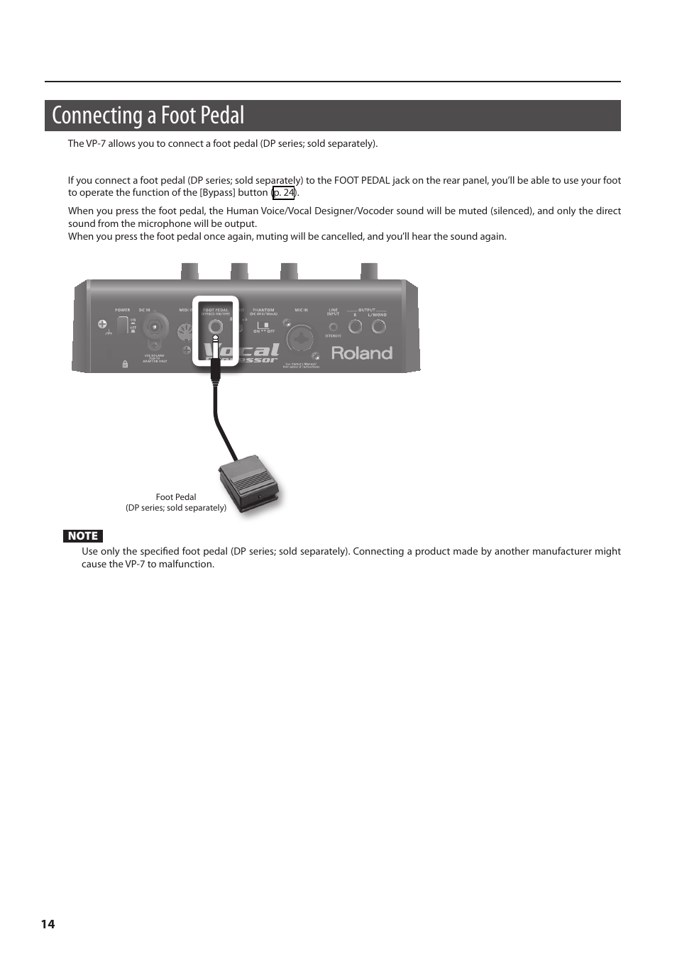 Connecting a foot pedal | Roland VP-7 User Manual | Page 14 / 40