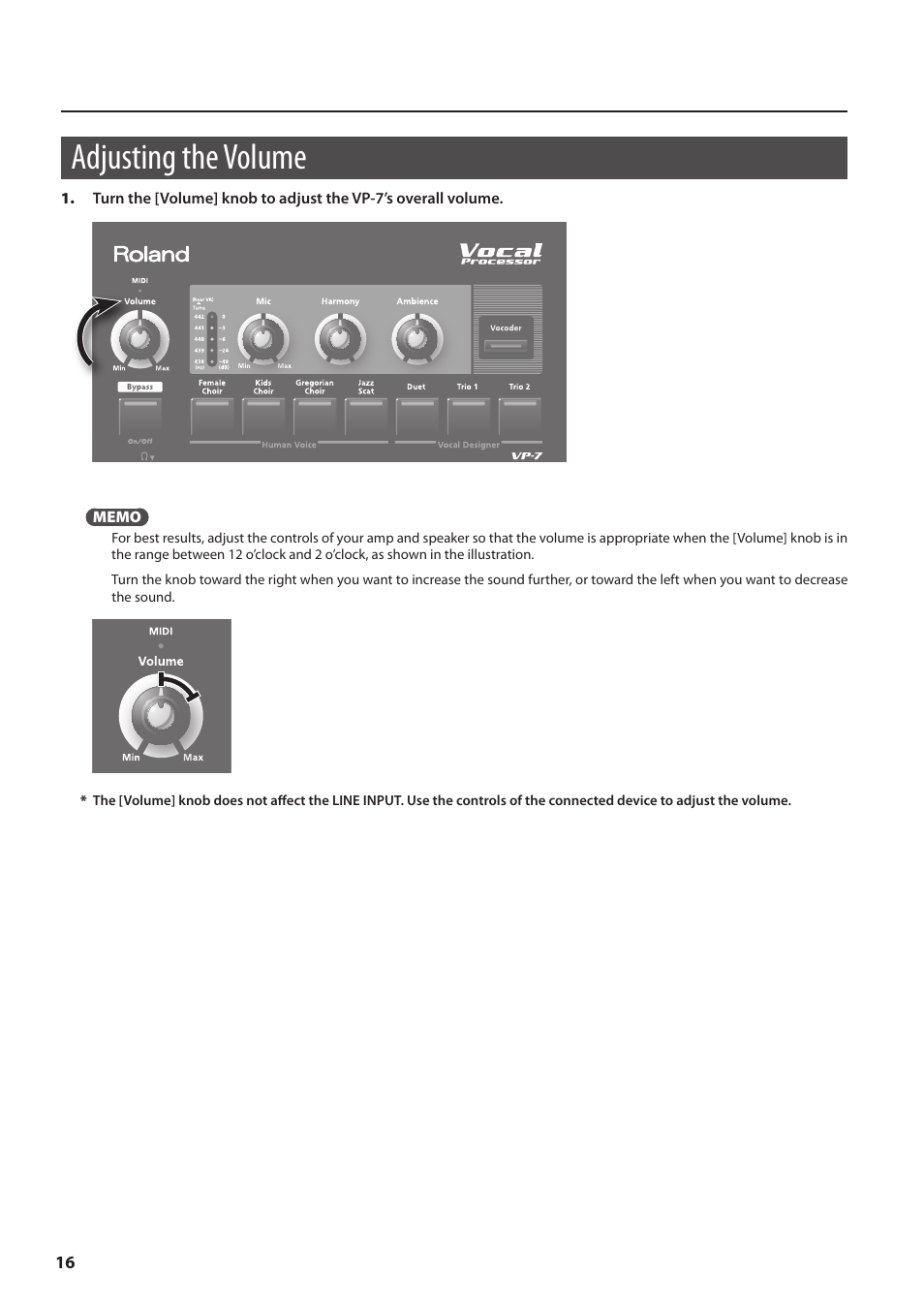 Adjusting the volume | Roland VP-7 User Manual | Page 16 / 40