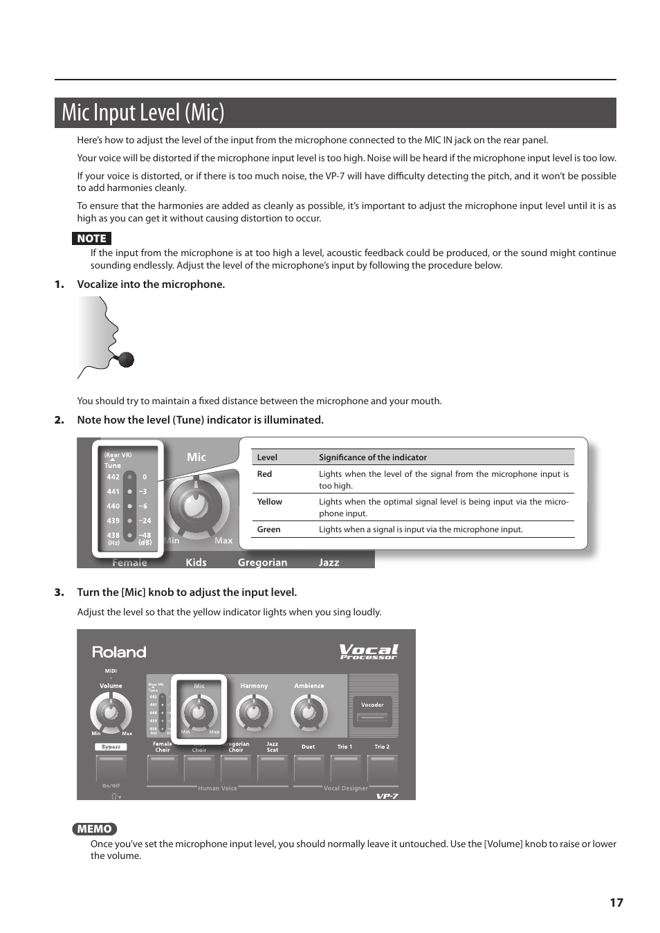 Mic input level (mic) | Roland VP-7 User Manual | Page 17 / 40