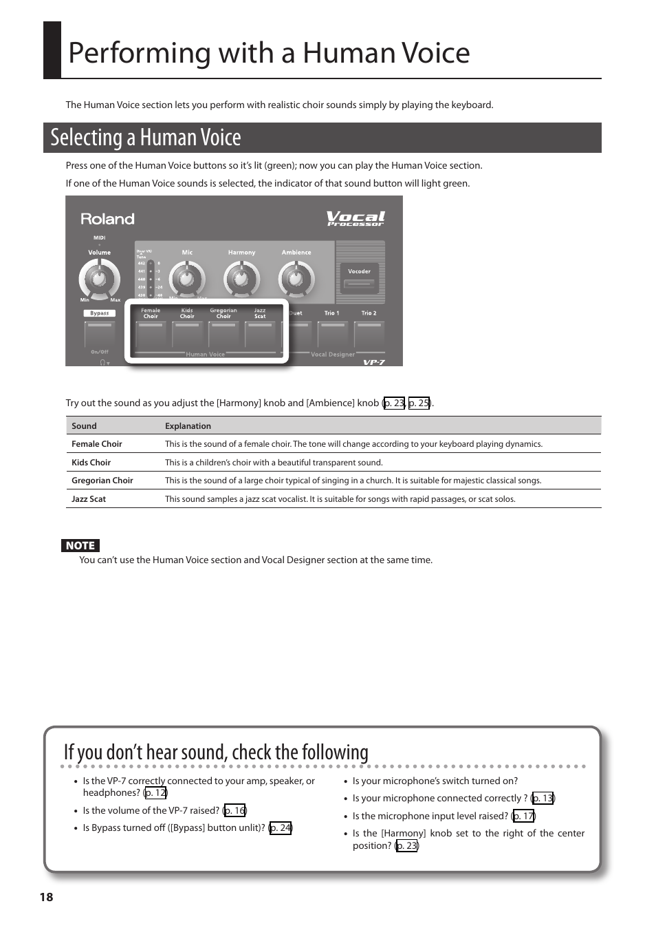 Performing with a human voice, Selecting a human voice, If you don’t hear sound, check the following | Roland VP-7 User Manual | Page 18 / 40
