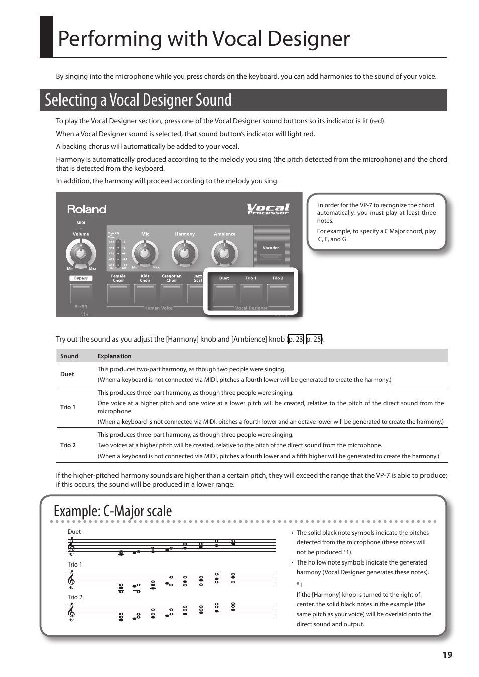 Performing with vocal designer, Selecting a vocal designer sound, Example: c-major scale | Roland VP-7 User Manual | Page 19 / 40