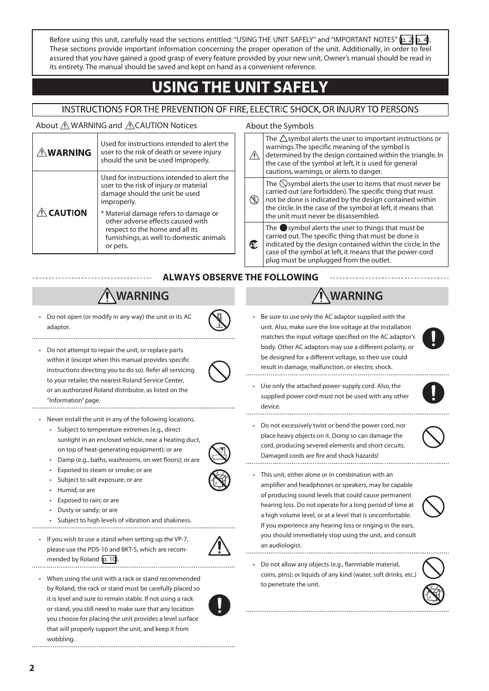Warning, Always observe the following | Roland VP-7 User Manual | Page 2 / 40