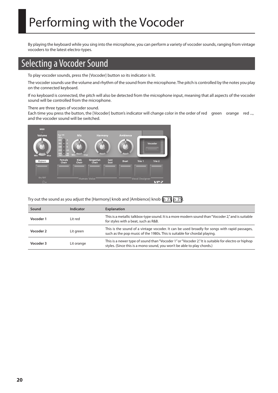 Performing with the vocoder, Selecting a vocoder sound | Roland VP-7 User Manual | Page 20 / 40