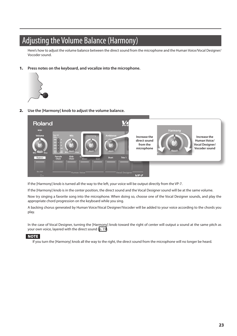 Adjusting the volume balance (harmony) | Roland VP-7 User Manual | Page 23 / 40