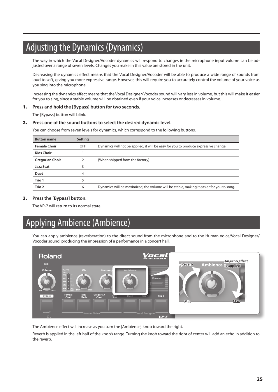 Adjusting the dynamics (dynamics), Applying ambience (ambience) | Roland VP-7 User Manual | Page 25 / 40