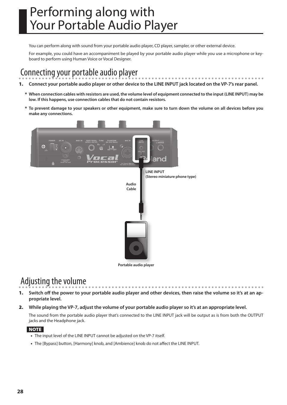 Performing along with your portable audio player, Performing along with, Your portable audio player | Connecting your portable audio player, Adjusting the volume | Roland VP-7 User Manual | Page 28 / 40