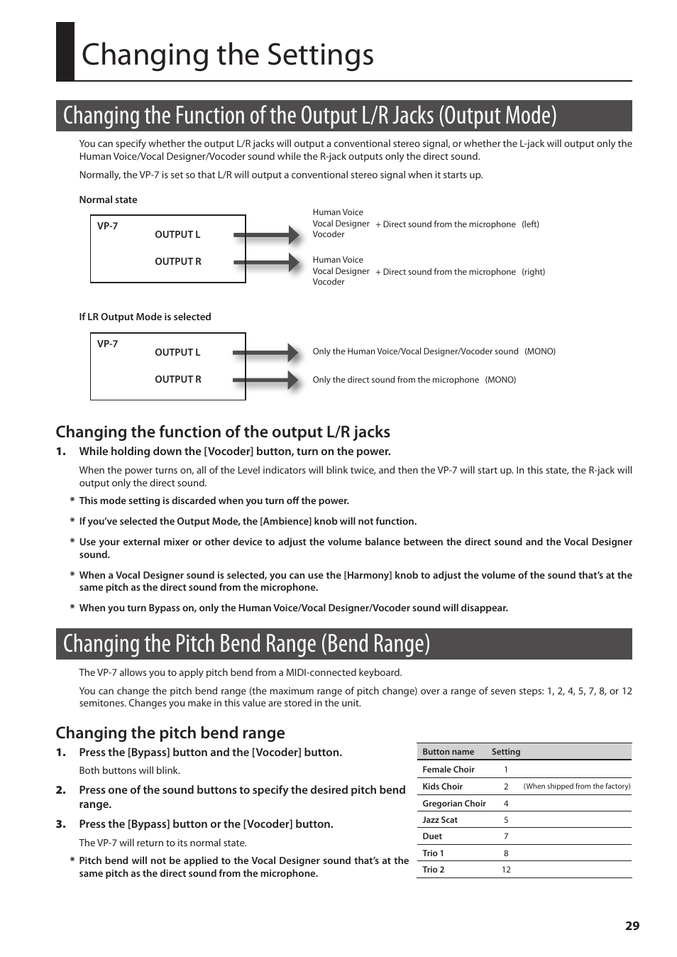Changing the settings, Changing the pitch bend range (bend range), Changing the function of the output l/r jacks | Changing the pitch bend range | Roland VP-7 User Manual | Page 29 / 40