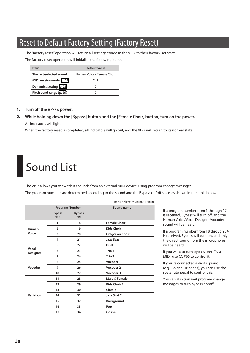 Reset to default factory setting (factory reset), Sound list | Roland VP-7 User Manual | Page 30 / 40