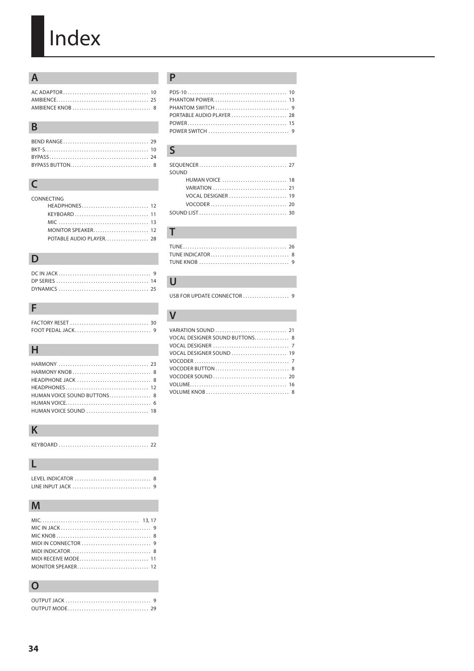 Index | Roland VP-7 User Manual | Page 34 / 40
