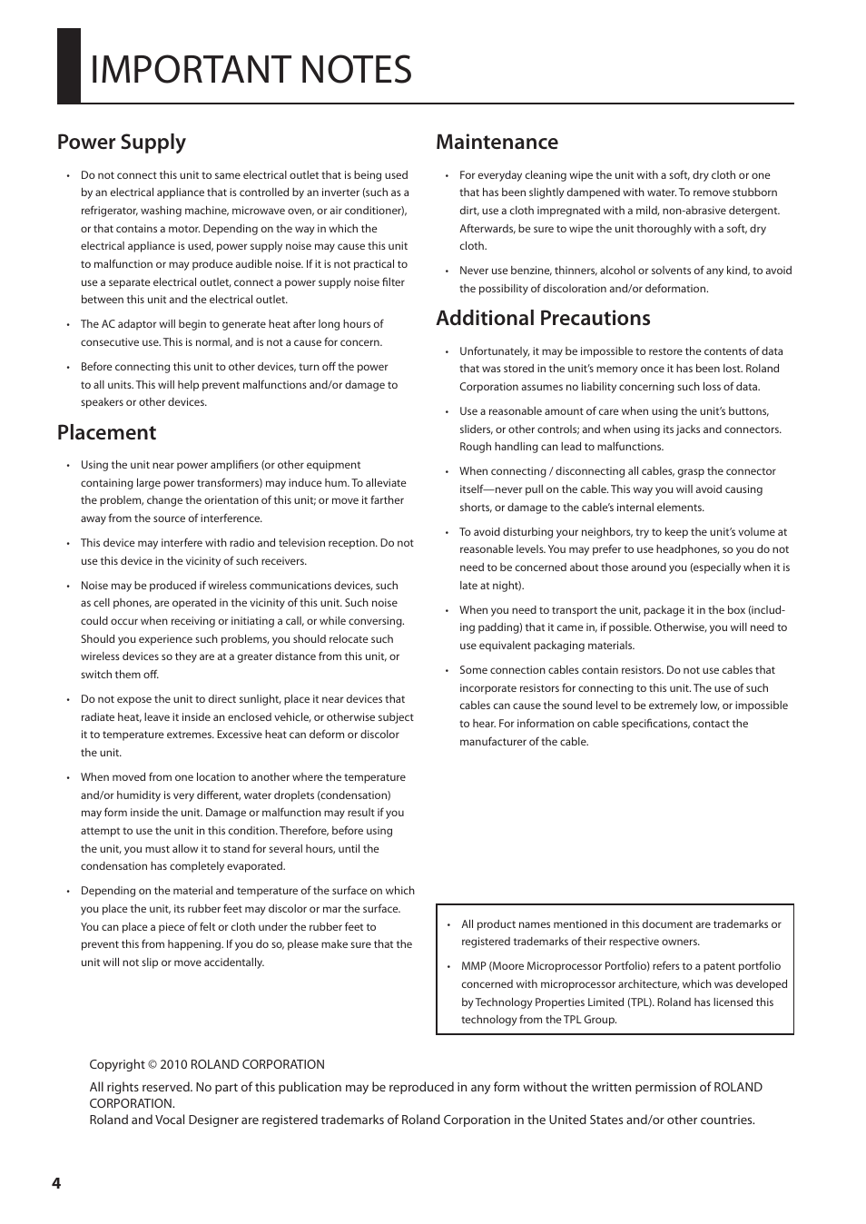 Power supply, Placement, Maintenance | Additional precautions | Roland VP-7 User Manual | Page 4 / 40