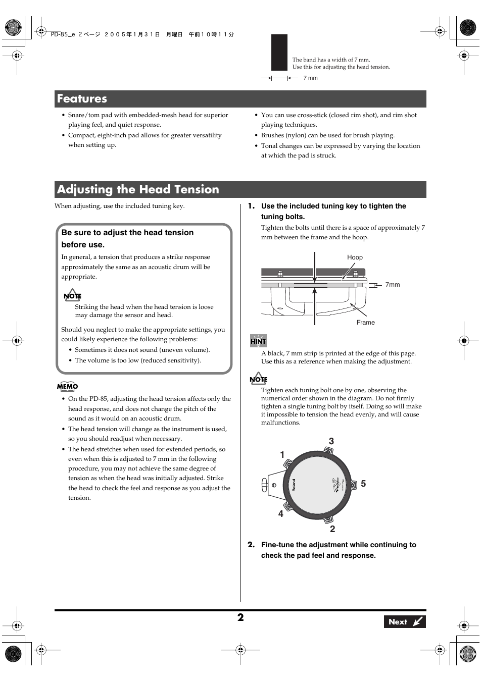 Features, Adjusting the head tension, Features adjusting the head tension | Roland PD-85 User Manual | Page 2 / 8