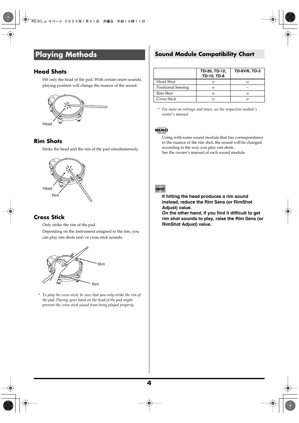Playing methods, Sound module compatibility chart, Head shots | Rim shots, Cross stick | Roland PD-85 User Manual | Page 4 / 8