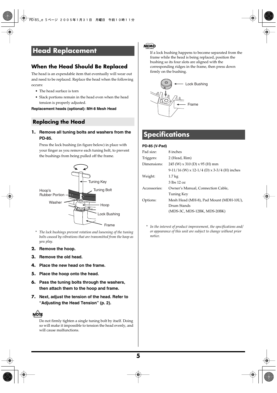 Head replacement, Replacing the head, Specifications | When the head should be replaced | Roland PD-85 User Manual | Page 5 / 8