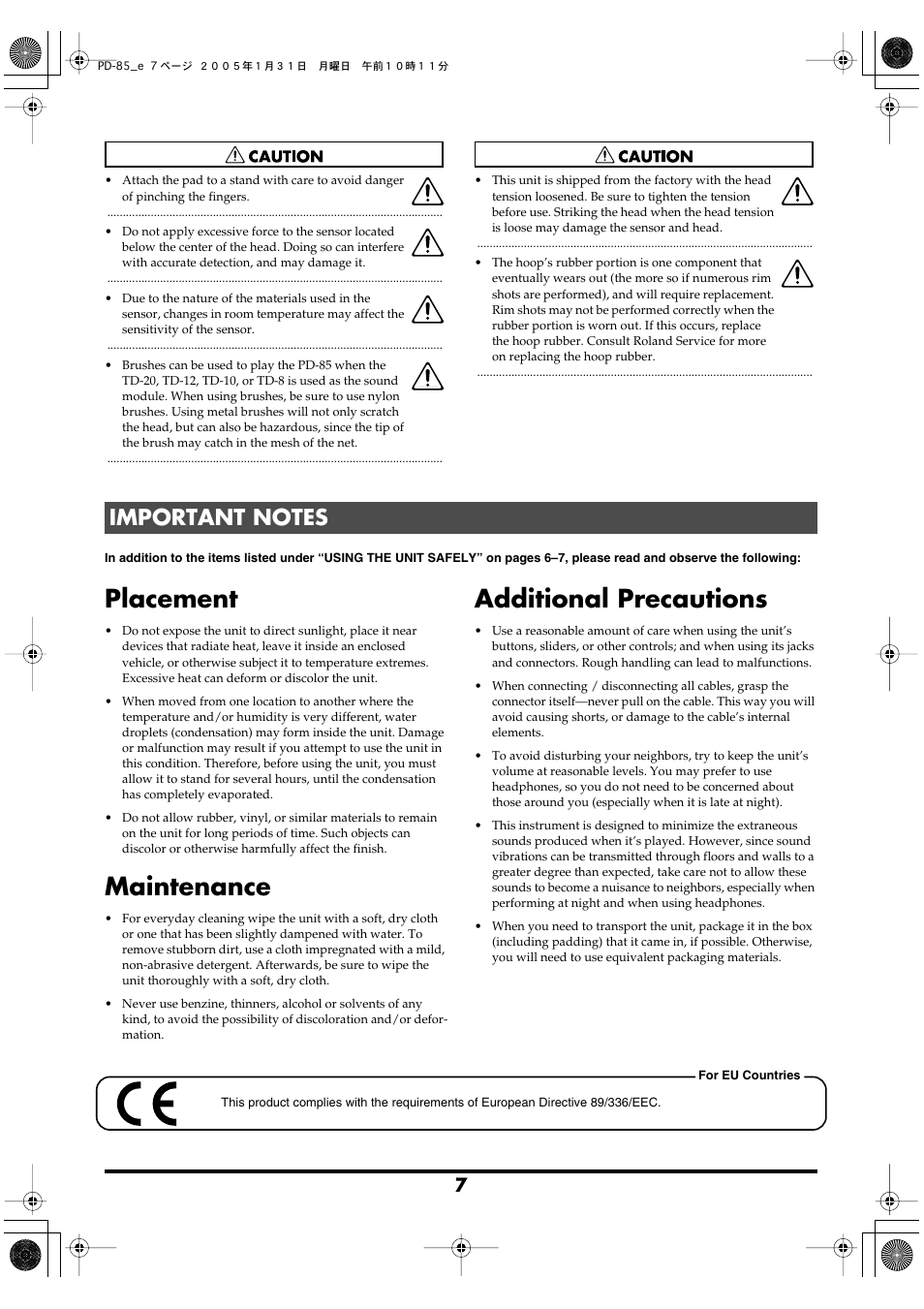 Important notes, Placement, Maintenance | Additional precautions | Roland PD-85 User Manual | Page 7 / 8