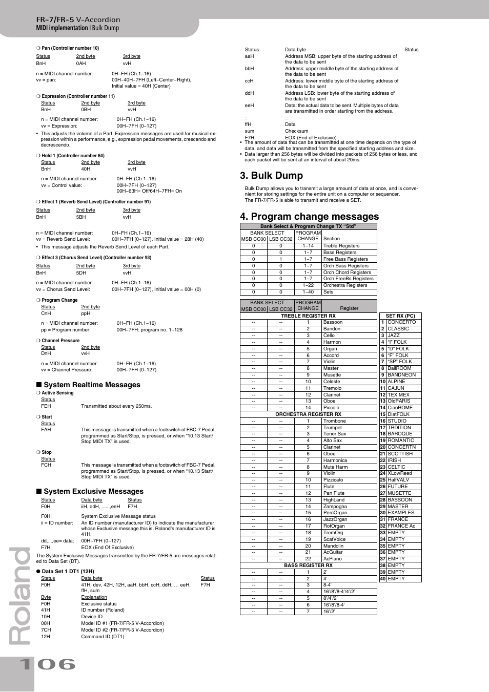 Bulk dump 4. program change messages, Midi implementation | bulk dump, Fr-7/fr-5 v-accordion | System realtime messages, System exclusive messages | Roland V-ACCORDION FR-5 User Manual | Page 106 / 114