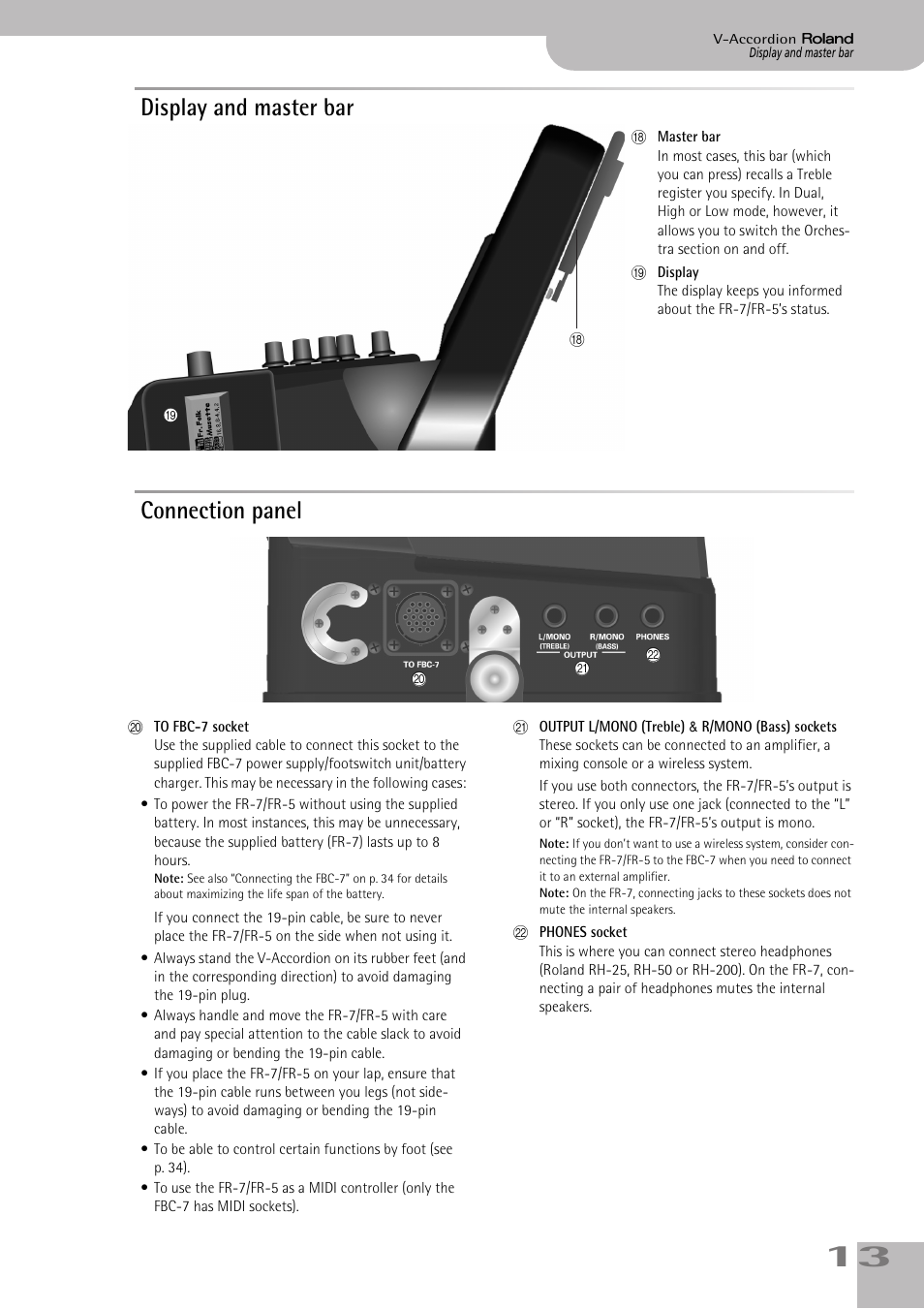 Display and master bar, Connection panel, Display and master bar connection panel | Roland V-ACCORDION FR-5 User Manual | Page 13 / 114