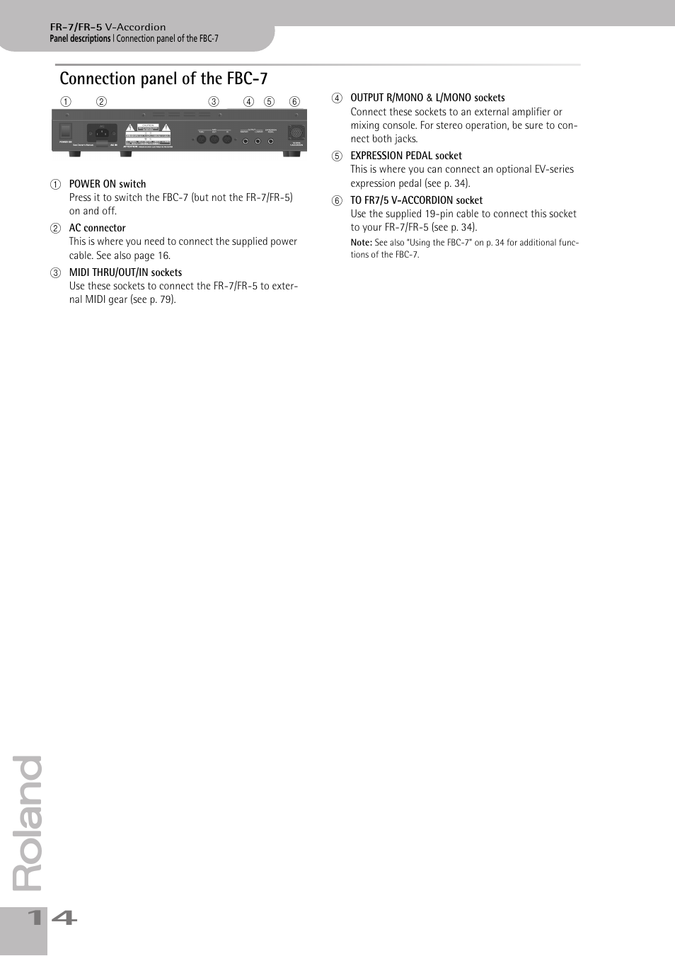 Connection panel of the fbc7, Connection panel of the fbc-7 | Roland V-ACCORDION FR-5 User Manual | Page 14 / 114