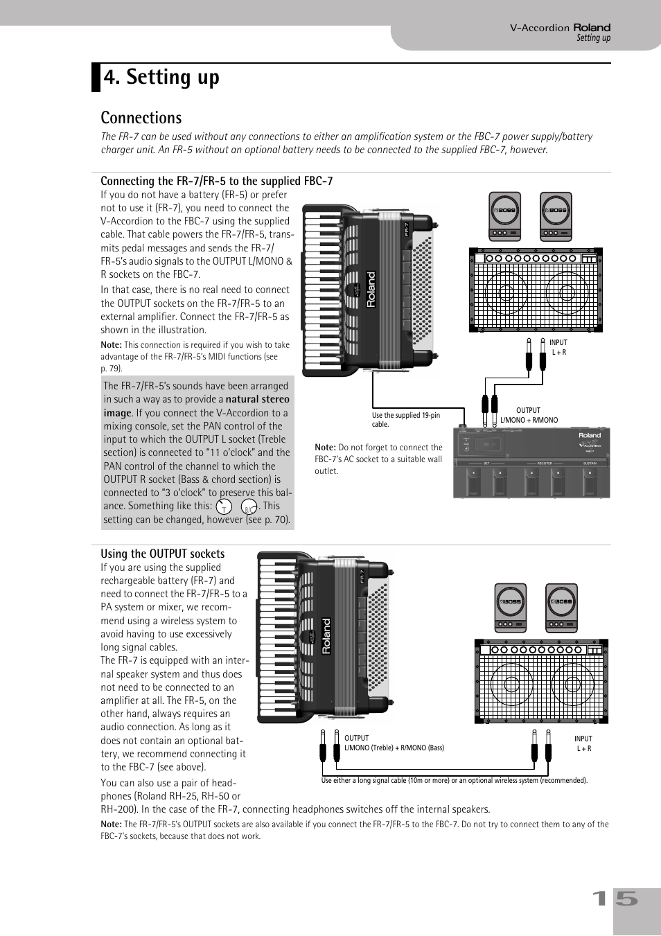 Setting up, Connections, Connecting the fr7/fr5 to the supplied fbc7 | Using the output sockets | Roland V-ACCORDION FR-5 User Manual | Page 15 / 114