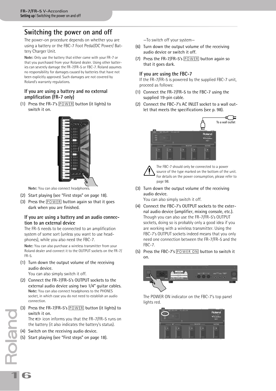 Switching the power on and off, If you are using the fbc7 | Roland V-ACCORDION FR-5 User Manual | Page 16 / 114