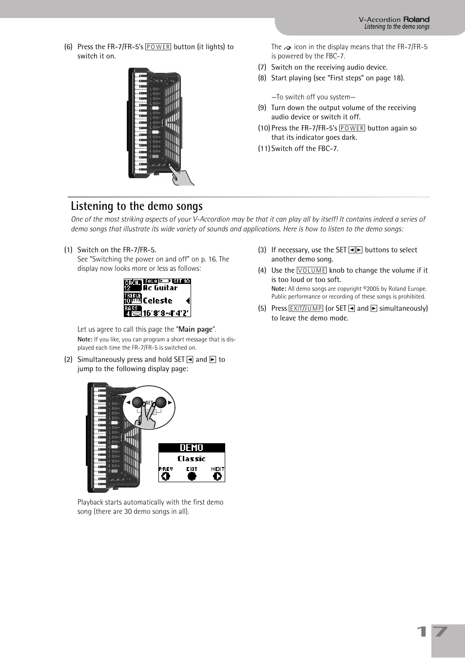 Listening to the demo songs | Roland V-ACCORDION FR-5 User Manual | Page 17 / 114