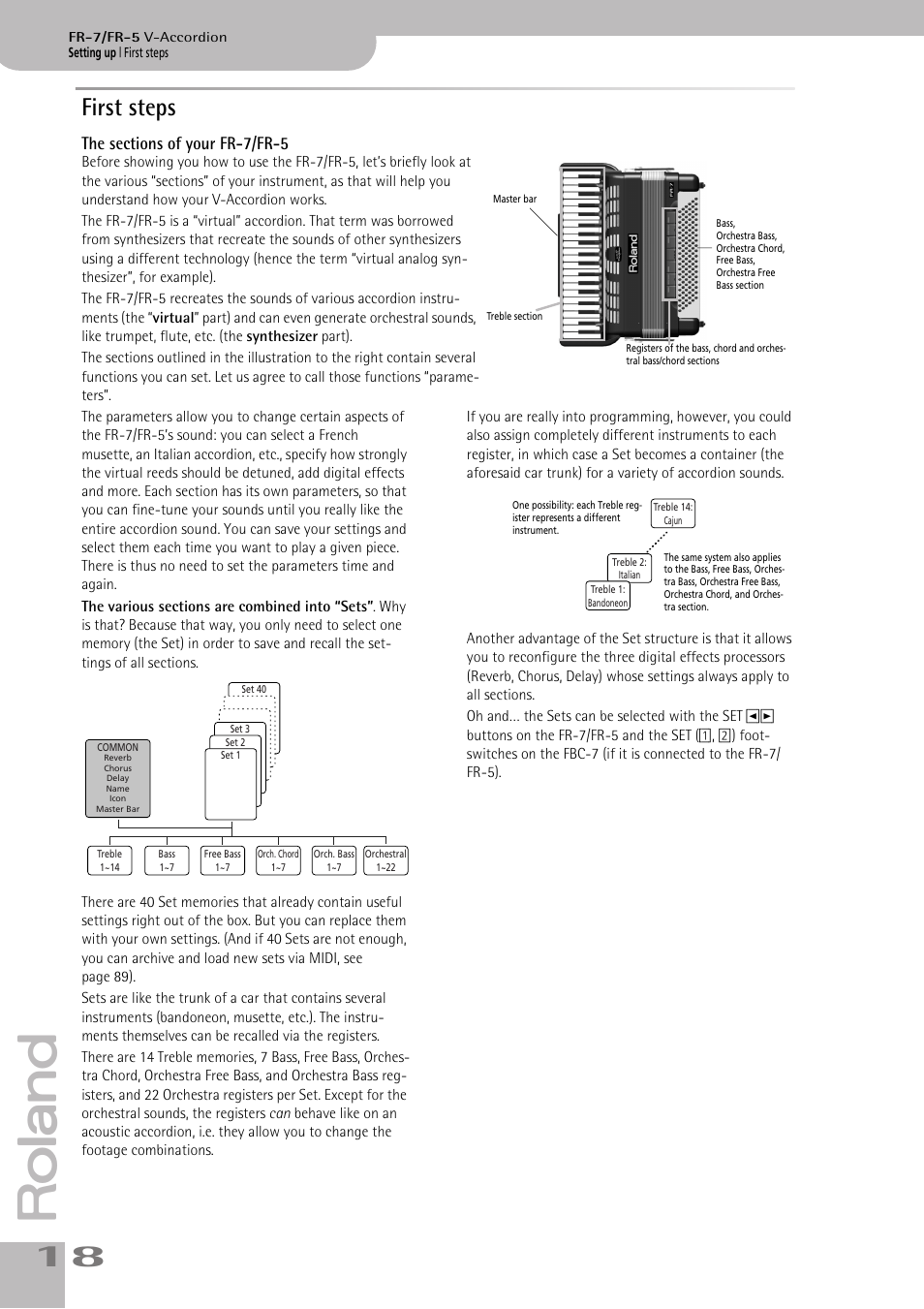 First steps, The sections of your fr7/fr5 | Roland V-ACCORDION FR-5 User Manual | Page 18 / 114