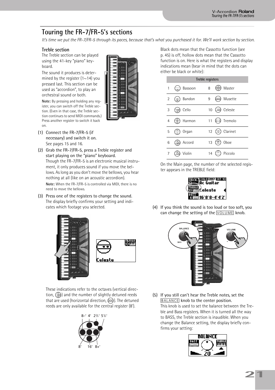Touring the fr7/fr5’s sections, Treble section, Touring the fr-7/fr-5’s sections | Roland V-ACCORDION FR-5 User Manual | Page 21 / 114