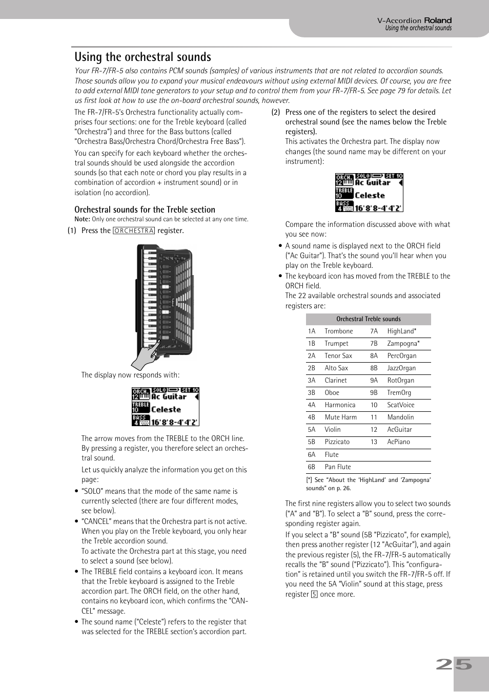 Using the orchestral sounds, Orchestral sounds for the treble section | Roland V-ACCORDION FR-5 User Manual | Page 25 / 114