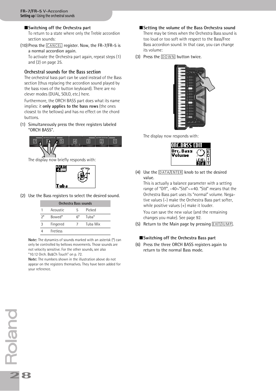 Orchestral sounds for the bass section, Mode (see p. 28) | Roland V-ACCORDION FR-5 User Manual | Page 28 / 114
