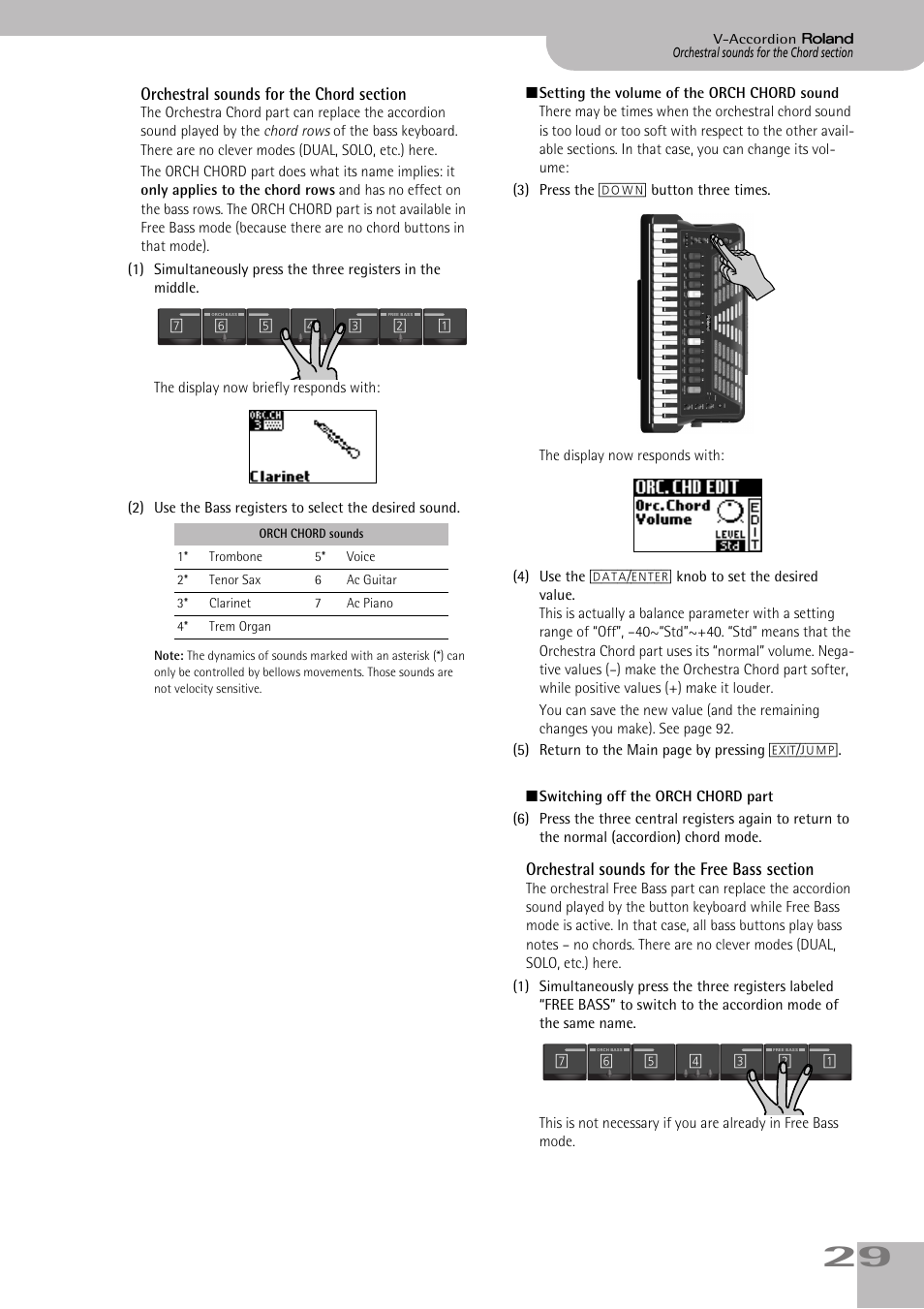 Orchestral sounds for the chord section, Orchestral sounds for the free bass section, Tion. see p. 29 for details | Roland V-ACCORDION FR-5 User Manual | Page 29 / 114