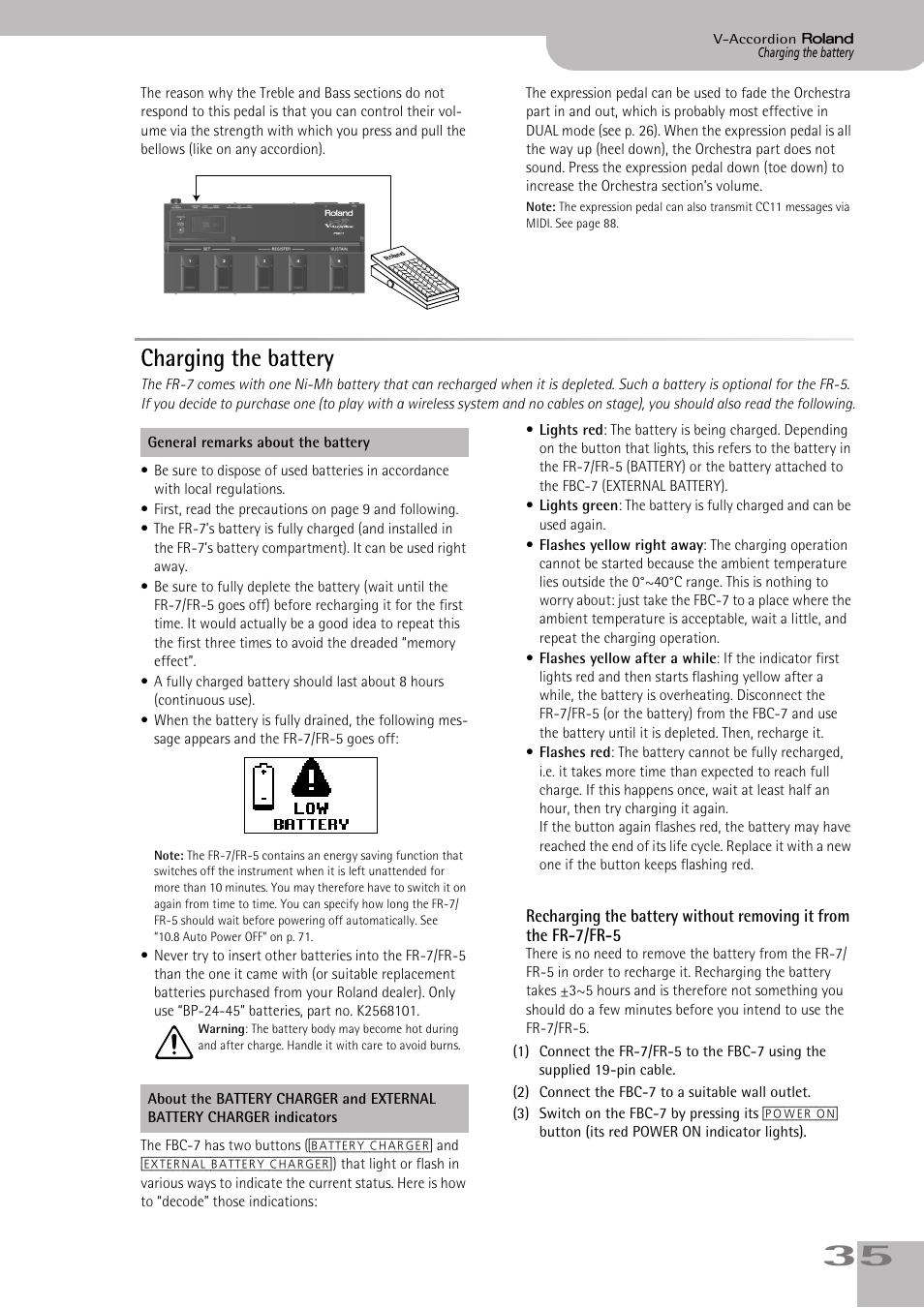 Charging the battery | Roland V-ACCORDION FR-5 User Manual | Page 35 / 114