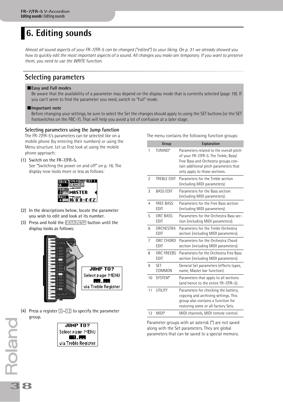 Editing sounds, Selecting parameters, Selecting parameters using the jump function | Roland V-ACCORDION FR-5 User Manual | Page 38 / 114