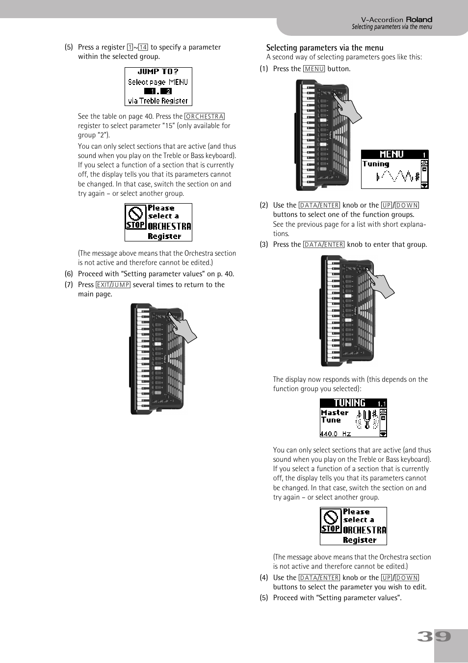 Selecting parameters via the menu | Roland V-ACCORDION FR-5 User Manual | Page 39 / 114