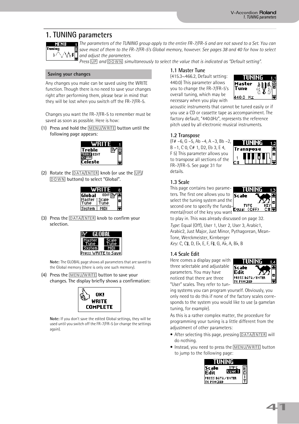 tuning parameters, 1master tune, 2transpose | 3scale, 4scale edit, Tuning parameters, P. 41 | Roland V-ACCORDION FR-5 User Manual | Page 41 / 114