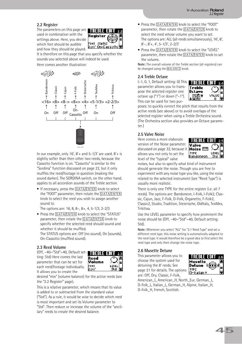 2register, 3reed volume, 4treble octave | 5valve noise, 6musette detune, P. 45 | Roland V-ACCORDION FR-5 User Manual | Page 45 / 114