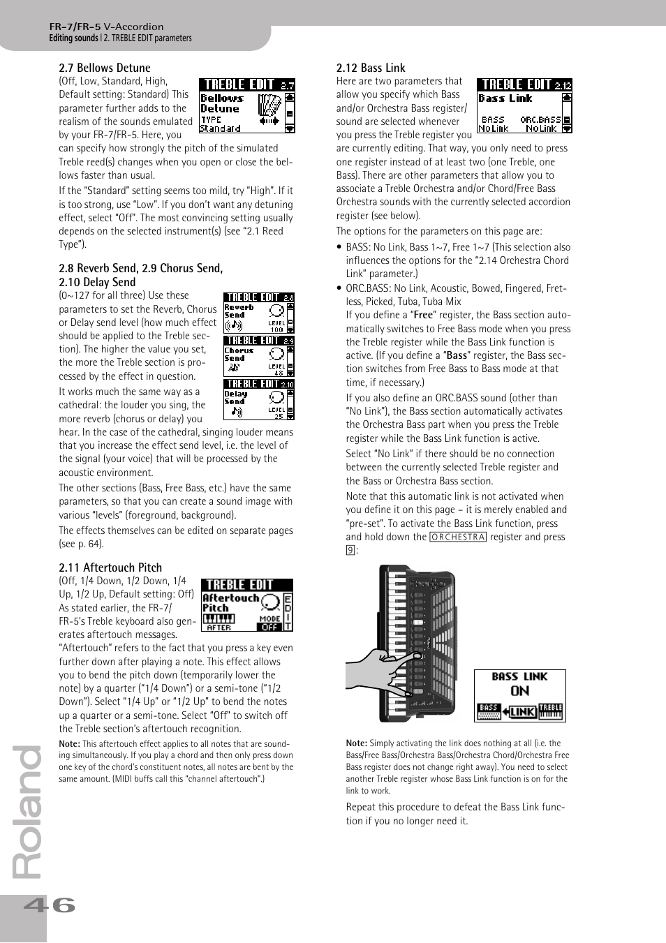 7bellows detune, 8reverb send, 2.9chorussend, 2.10delaysend, 11aftertouch pitch | 12bass link, Functions (see p. 46), P. 46 | Roland V-ACCORDION FR-5 User Manual | Page 46 / 114