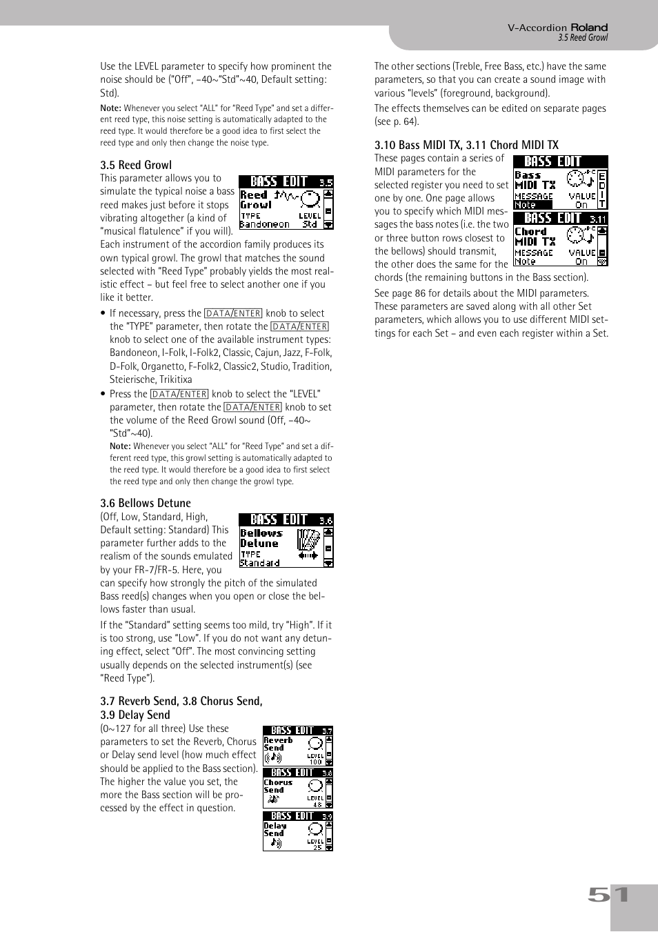5reed growl, 6bellows detune, 7reverb send, 3.8chorus send, 3.9delaysend | 10bass midi tx, 3.11chord midi tx, P. 51 | Roland V-ACCORDION FR-5 User Manual | Page 51 / 114
