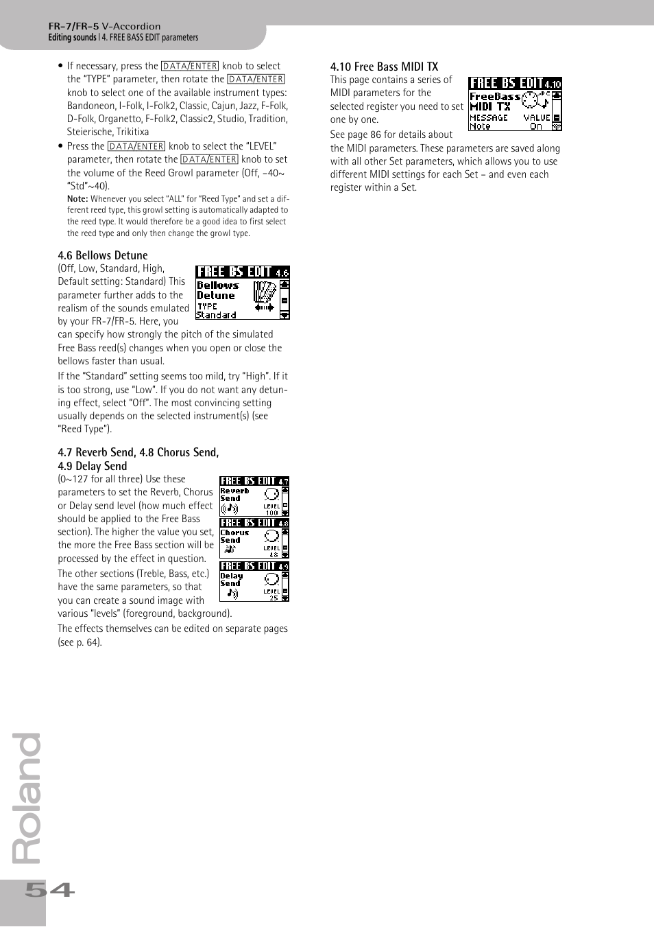 6bellows detune, 7reverb send, 4.8chorus send, 4.9delaysend, 10free bass midi tx | P. 54 | Roland V-ACCORDION FR-5 User Manual | Page 54 / 114