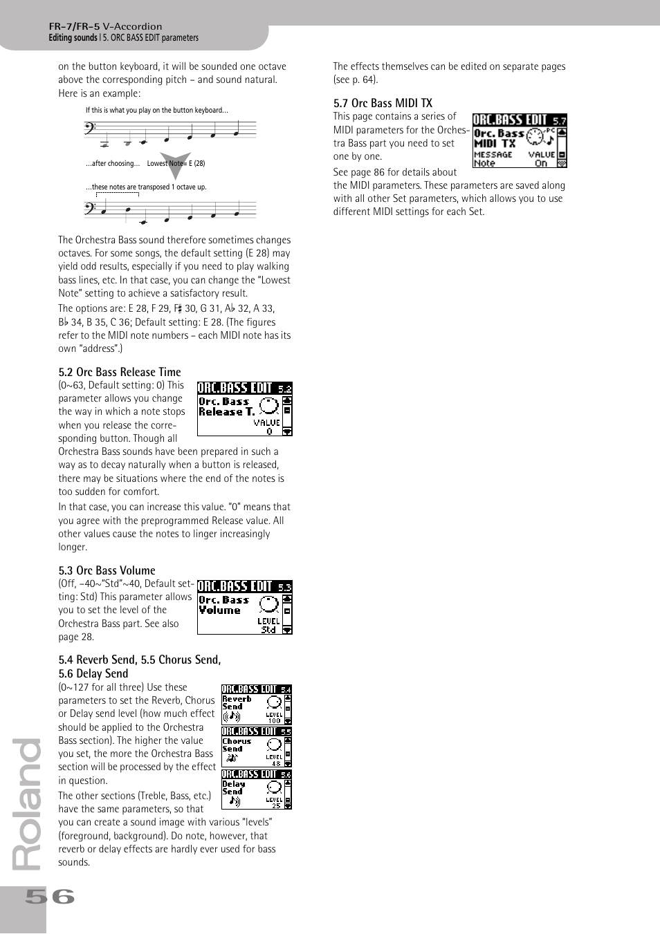 2orc bass release time, 3orc bass volume, 4reverb send, 5.5chorus send, 5.6delaysend | 7orc bass midi tx, P. 56 | Roland V-ACCORDION FR-5 User Manual | Page 56 / 114