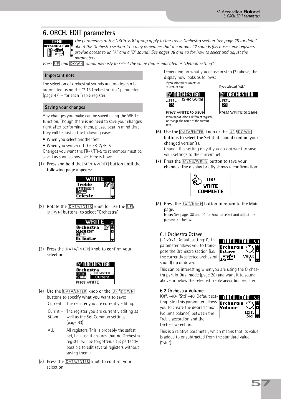 orch. edit parameters, 1orchestra octave, 2orchestra volume | Orch. edit parameters, P. 57 | Roland V-ACCORDION FR-5 User Manual | Page 57 / 114