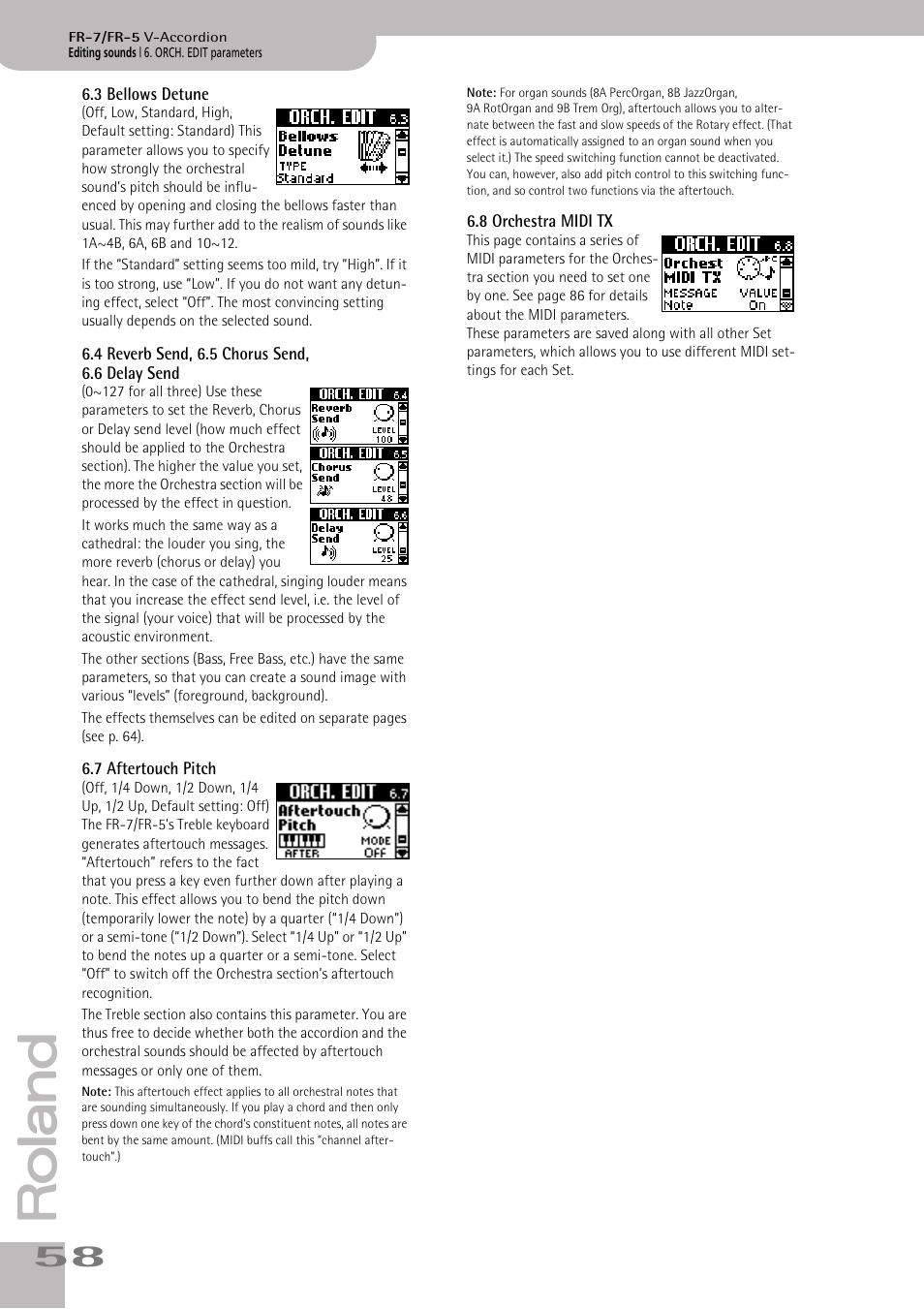3bellows detune, 4reverb send, 6.5chorus send, 6.6delaysend, 7aftertouch pitch | 8orchestra midi tx, P. 58 | Roland V-ACCORDION FR-5 User Manual | Page 58 / 114