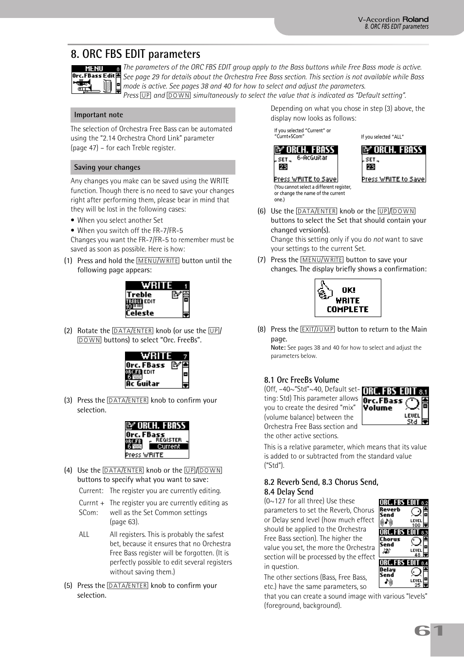 orc fbs edit parameters, 1orc freebs volume, 2reverb send, 8.3chorus send, 8.4delaysend | Orc fbs edit parameters, P. 61 | Roland V-ACCORDION FR-5 User Manual | Page 61 / 114