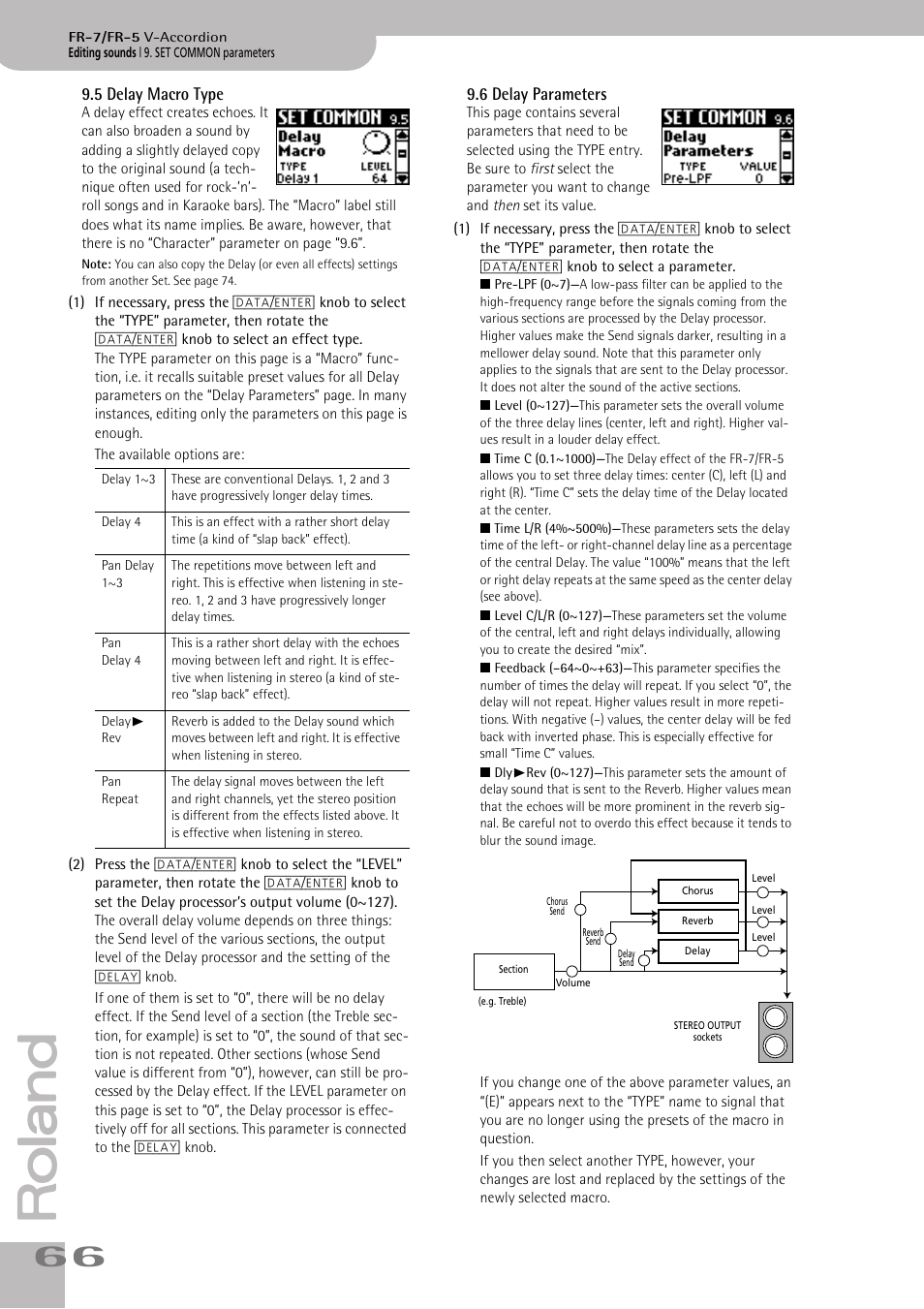 5delay macro type, 6delay parameters, Level of the delay (echo) effect (see p. 66) | P. 66 | Roland V-ACCORDION FR-5 User Manual | Page 66 / 114