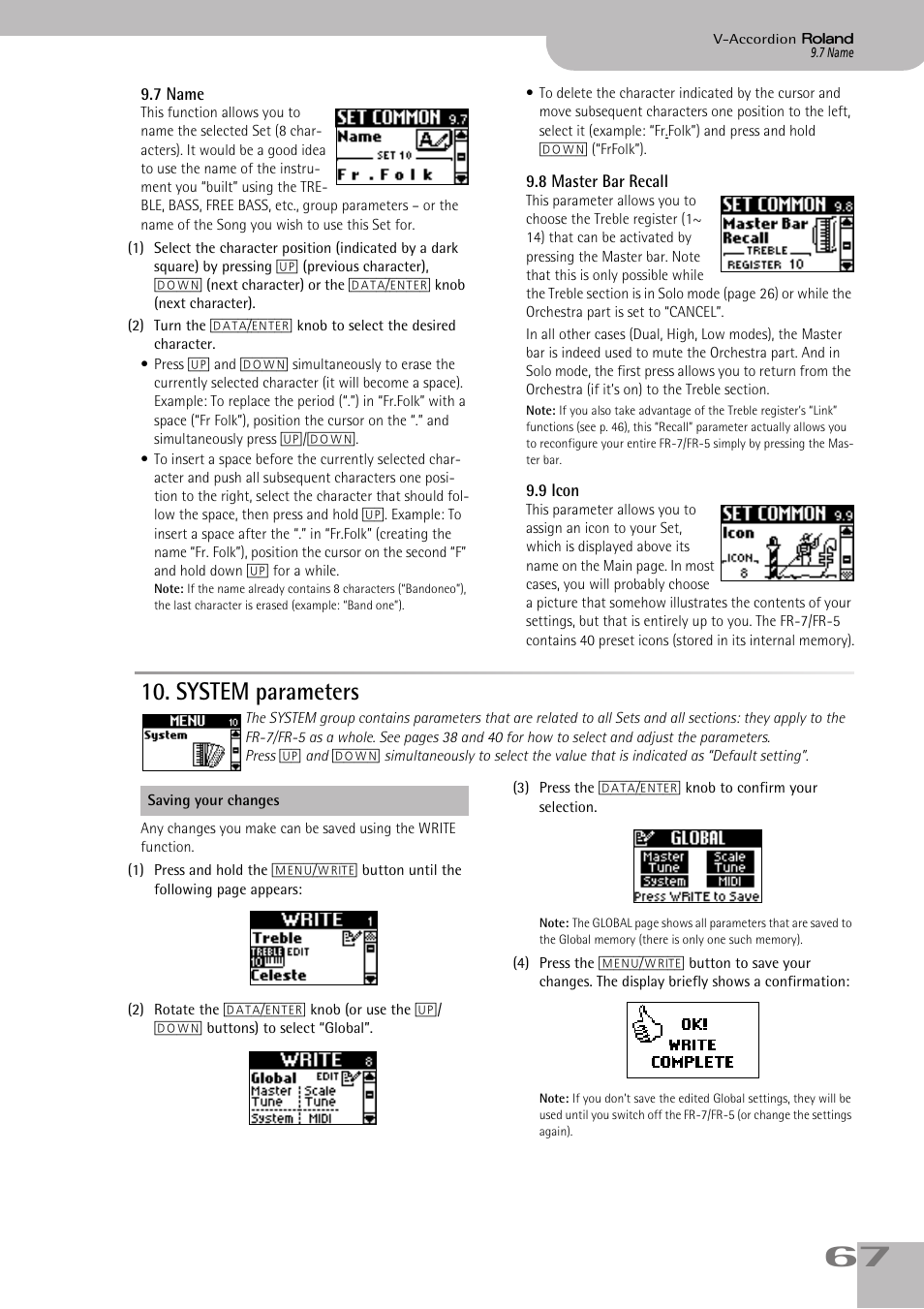 7name, 8master bar recall, 9icon | system parameters, System parameters, P. 67 | Roland V-ACCORDION FR-5 User Manual | Page 67 / 114