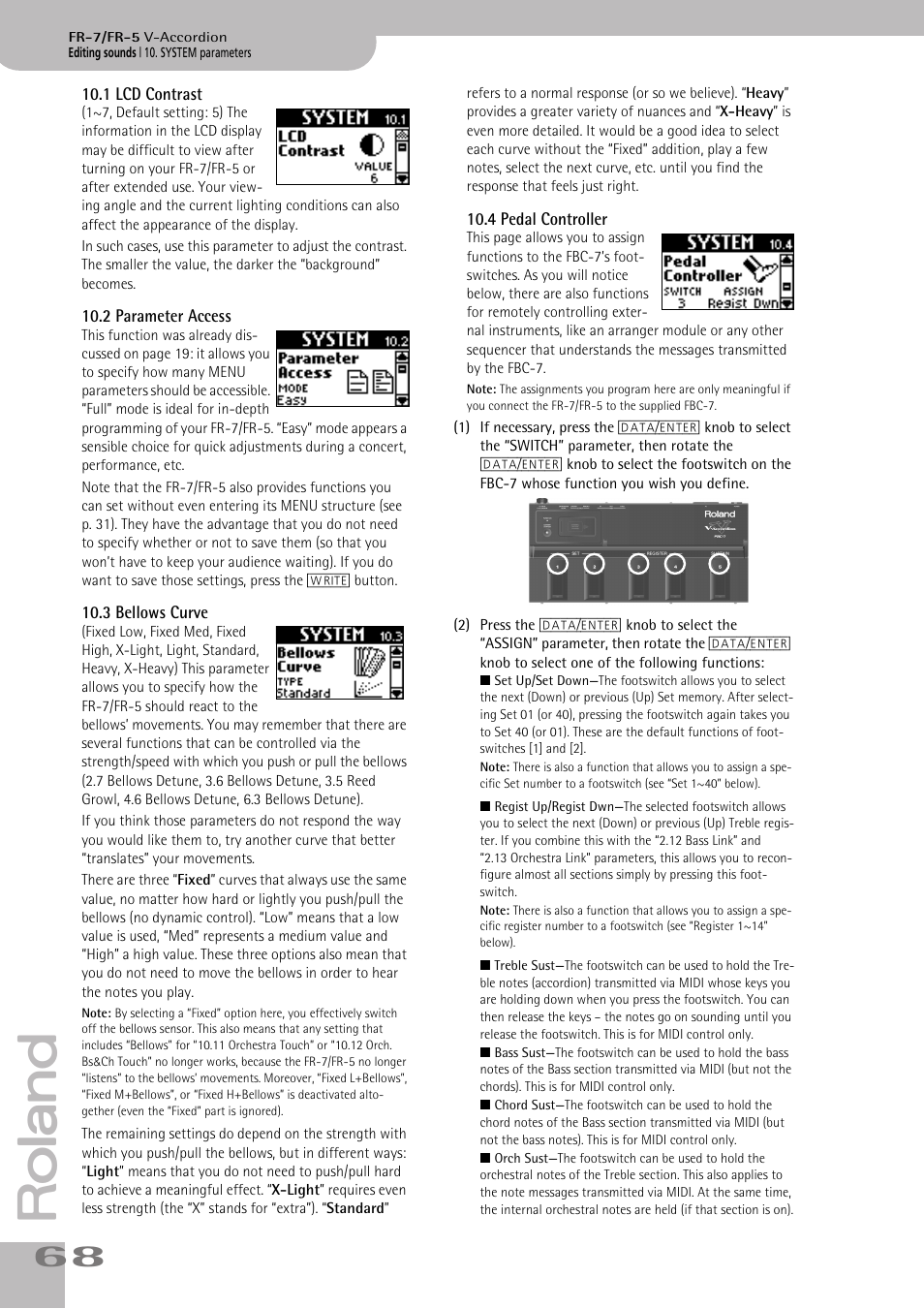 1lcd contrast, 2parameter access, 3bellows curve | 4pedal controller, P. 68 | Roland V-ACCORDION FR-5 User Manual | Page 68 / 114