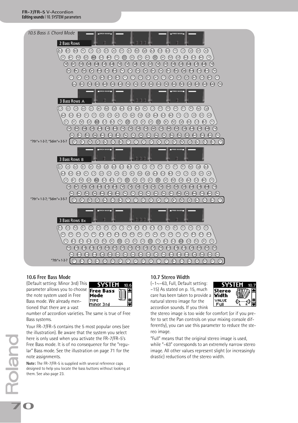 6free bass mode, 7stereo width, P. 70 | 6 free bass mode, 7 stereo width, Editing sounds | 10. system parameters, Fr-7/fr-5 v-accordion | Roland V-ACCORDION FR-5 User Manual | Page 70 / 114