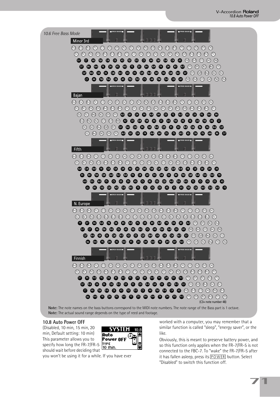 8auto power off, See p. 71), 8 auto power off” on p. 71 | P. 71, 8 auto power off, 6 free bass mode, 8 auto power off v-accordion, Finnish fifth | Roland V-ACCORDION FR-5 User Manual | Page 71 / 114