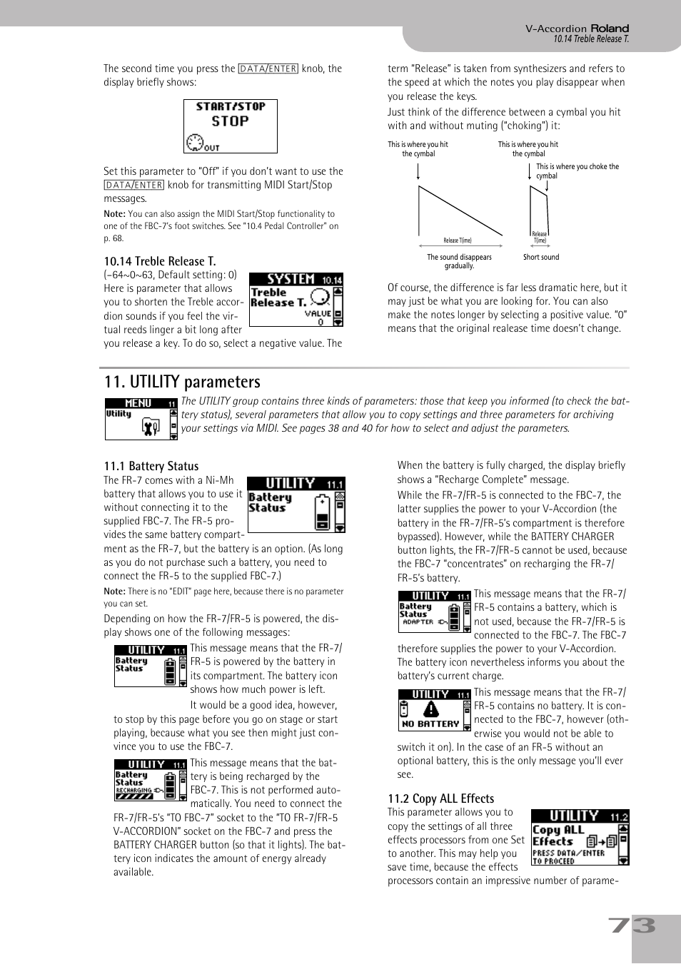 14treble release t, utility parameters, 1battery status | 2copy all effects, Utility parameters, P. 73 | Roland V-ACCORDION FR-5 User Manual | Page 73 / 114